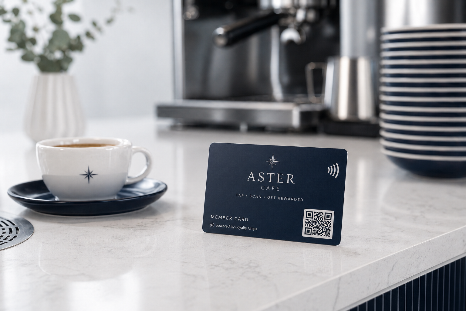 Aster Cafe navy member card on a white cafe counter.