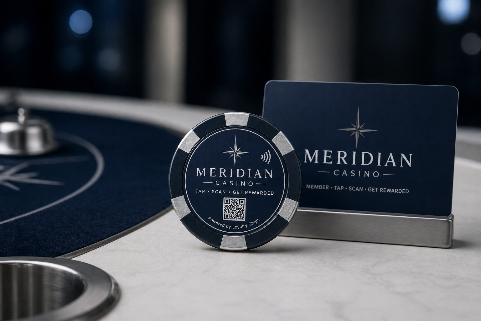 Meridian Casino navy and silver loyalty chip with matching member card.