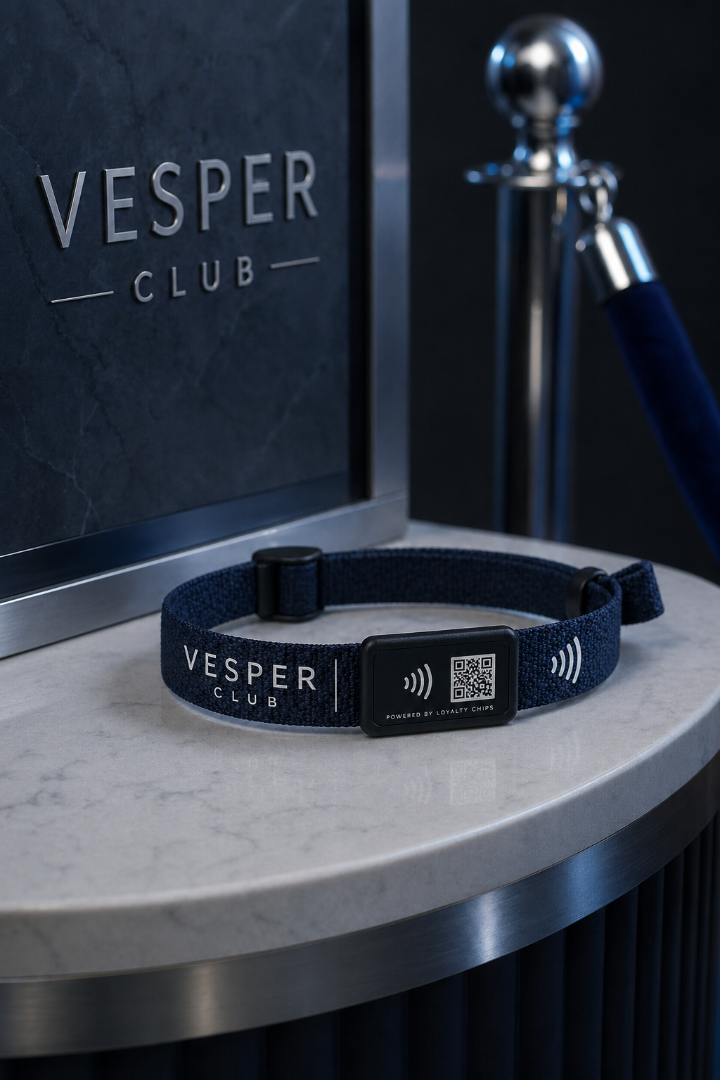 Vesper Club navy woven NFC wristband on a slate-white entry stand.