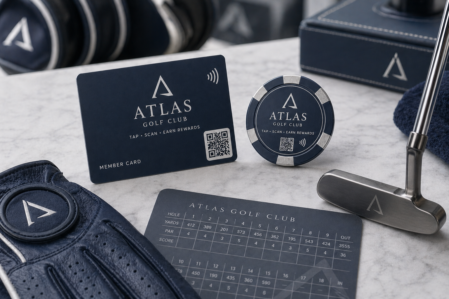 Atlas Golf Club navy member card and poker chip on a pro shop counter.