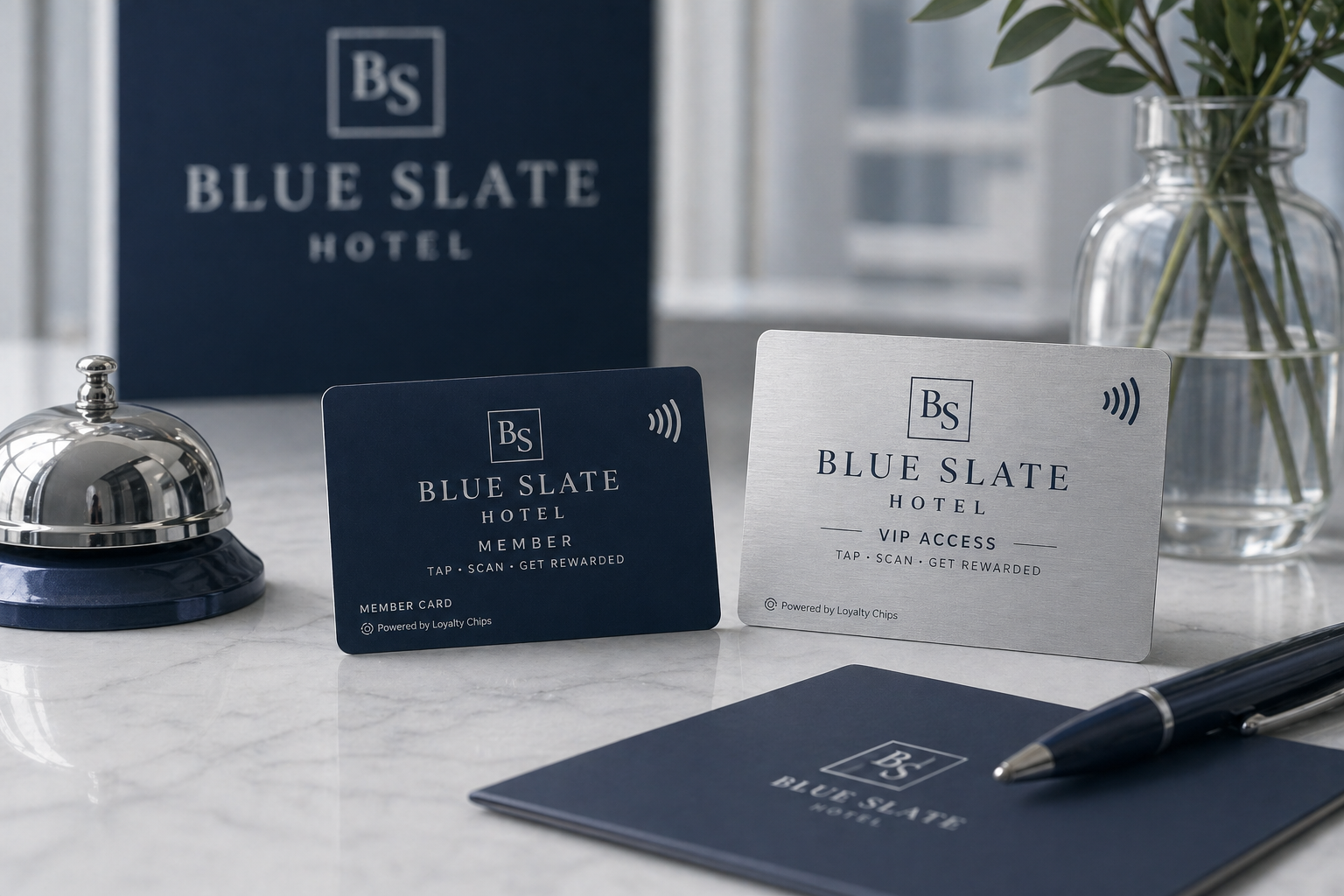 Blue Slate Hotel navy member card and Gold or Silver brushed-metal VIP card at a front desk.