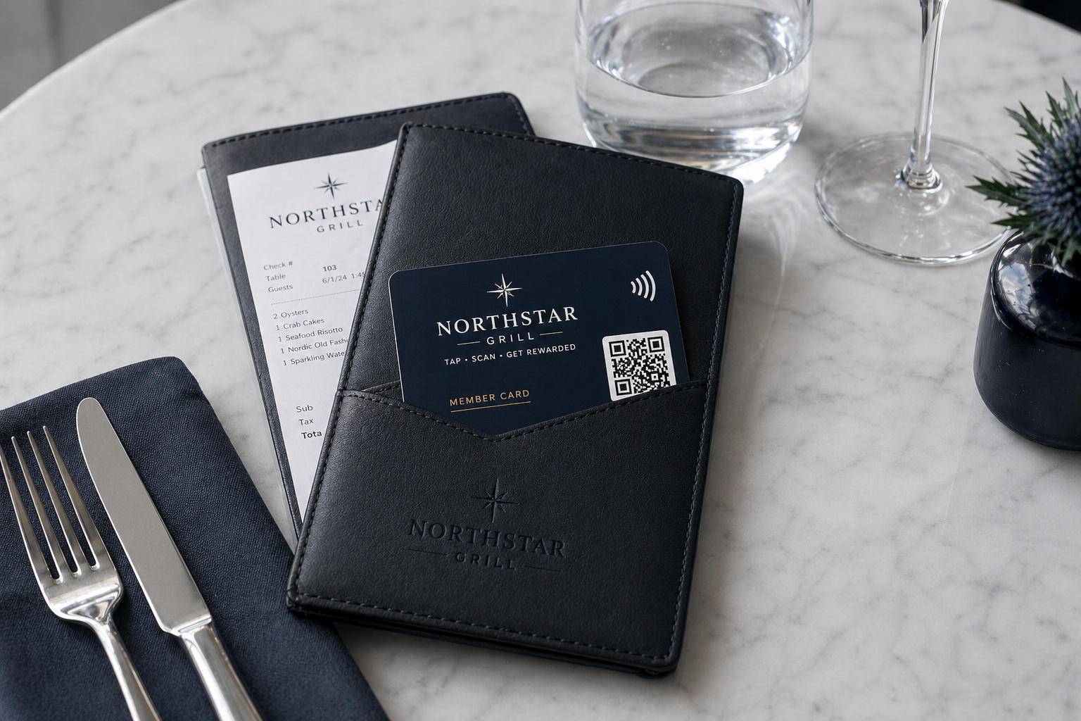 Northstar Grill check presenter with a navy venue-branded NFC member card.