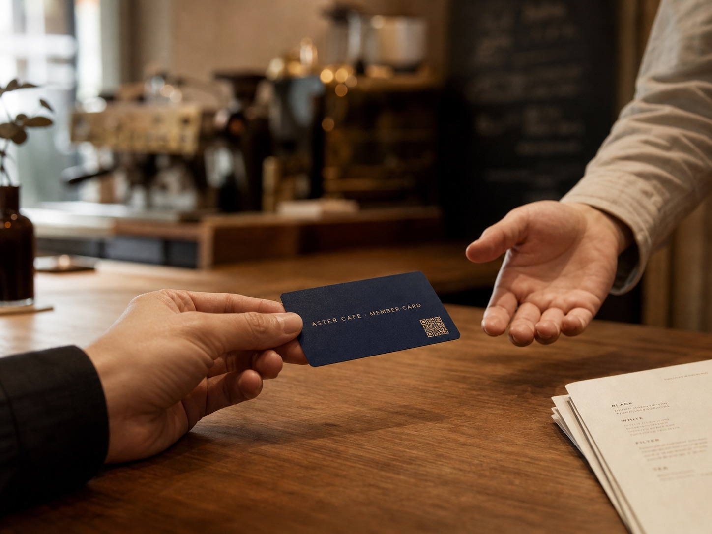 NFC loyalty card being handed across a cafe counter.
