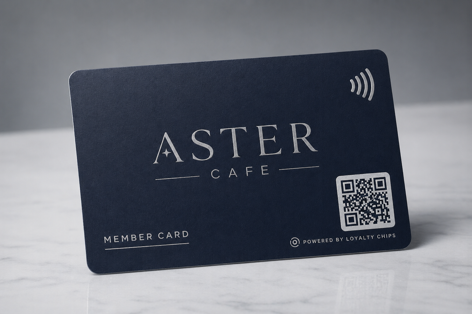 Aster Cafe navy plastic member card product photo.