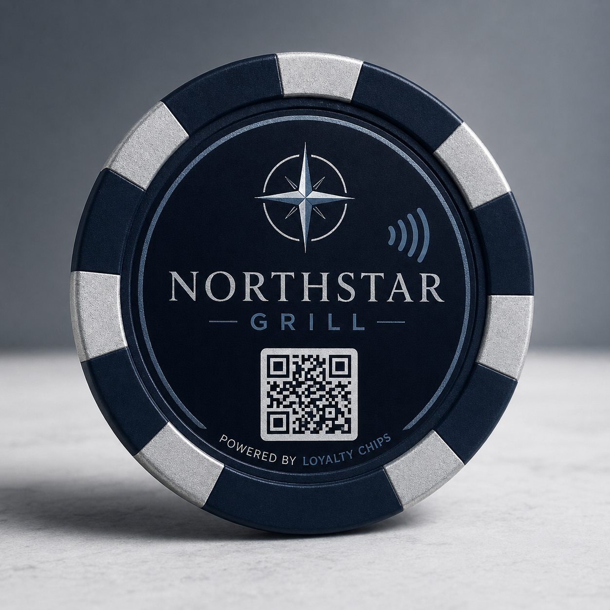 Northstar Grill navy and silver poker chip product photo.