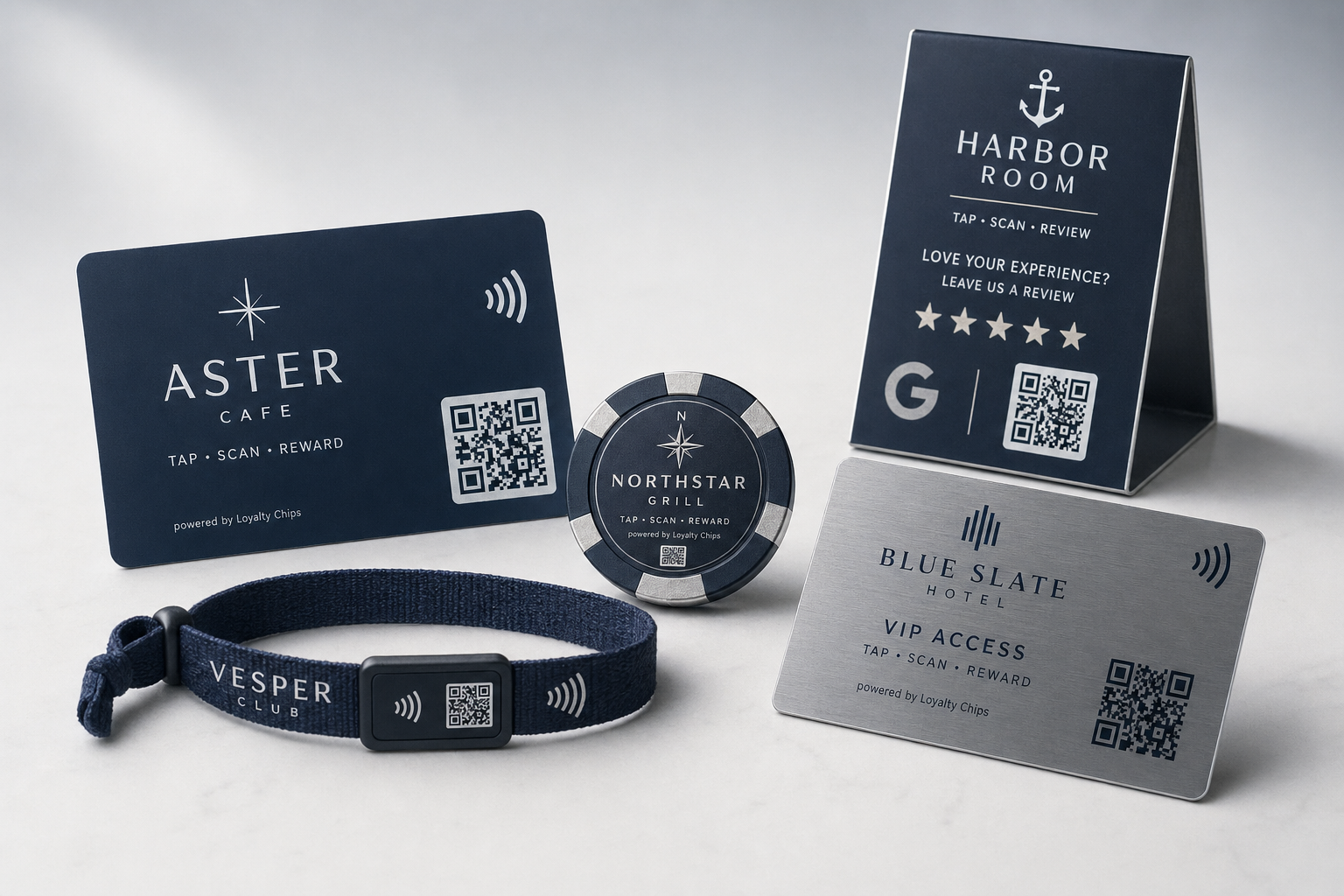 Slate-white and navy establishment-branded cards, chip, wristband, review stand, and Gold or Silver Metal VIP Card with NFC and QR markings.