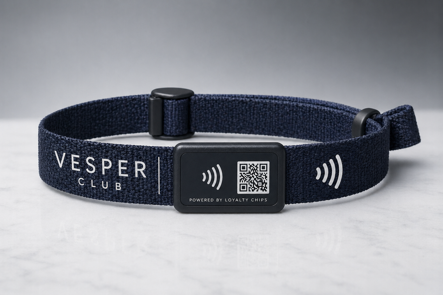 Vesper Club navy woven NFC wristband product preview.