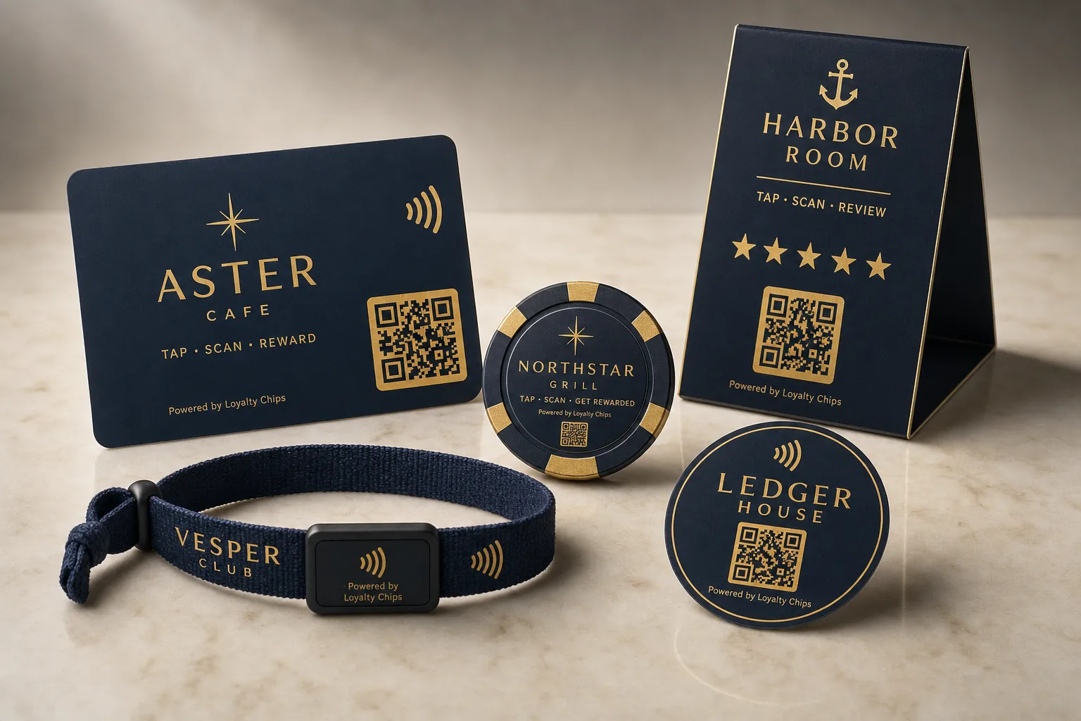The LoyaltyChips product family — casino-grade chips and member cards photographed on warm marble